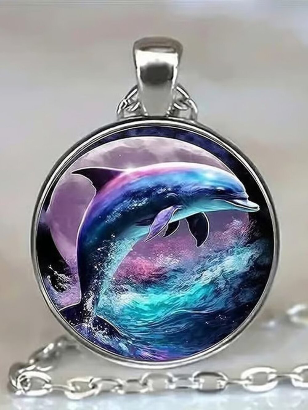 Silver DOLPHIN Glass Cabochon Pendant Necklace